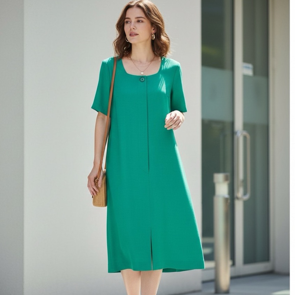 Vintage Teal Green Midi Dress with Front Button Detail